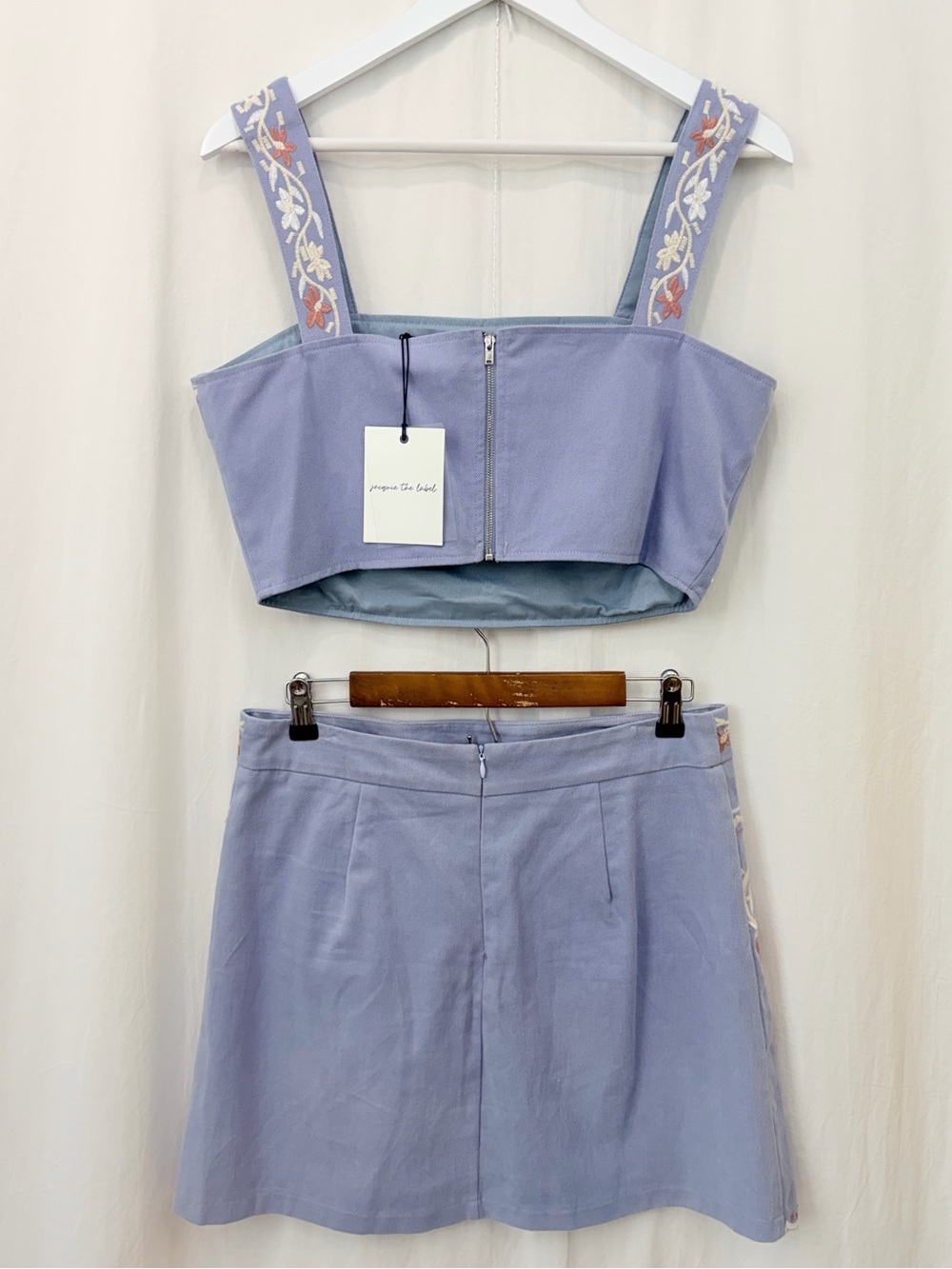 jacquie the label Floral Embroidered Blue Top Mini Skirt 2 piece set large NWT - Picture 3 of 17